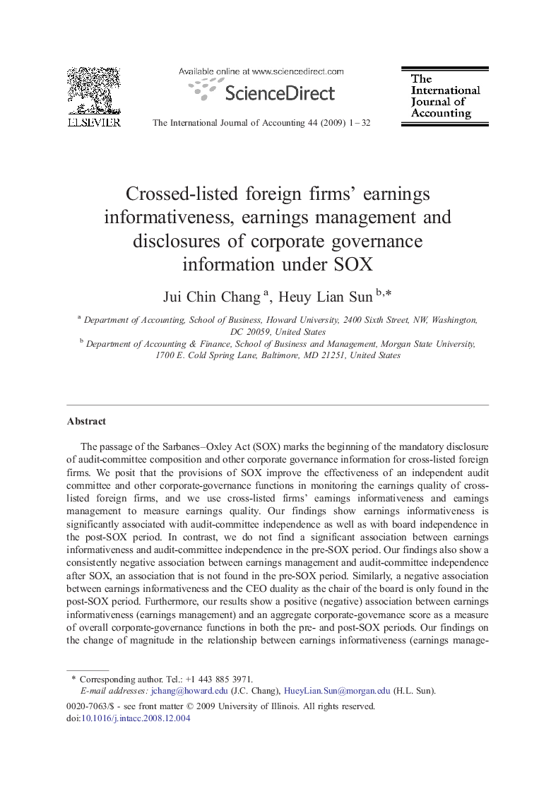 Crossed-listed foreign firms' earnings informativeness, earnings management and disclosures of corporate governance information under SOX