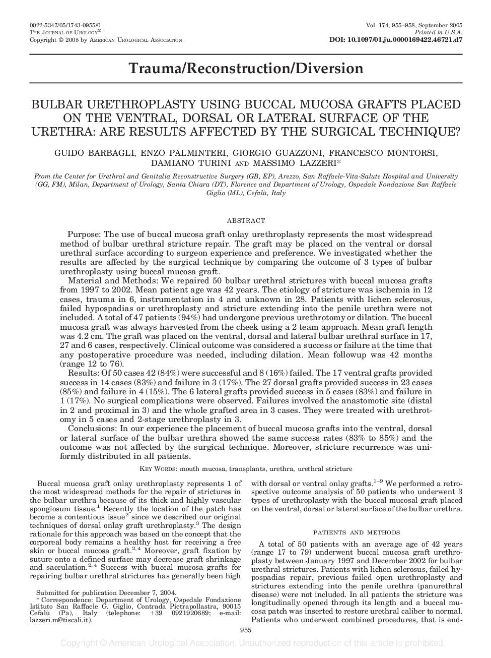 BULBAR URETHROPLASTY USING BUCCAL MUCOSA GRAFTS PLACED ON THE VENTRAL, DORSAL OR LATERAL SURFACE OF THE URETHRA: ARE RESULTS AFFECTED BY THE SURGICAL TECHNIQUE?