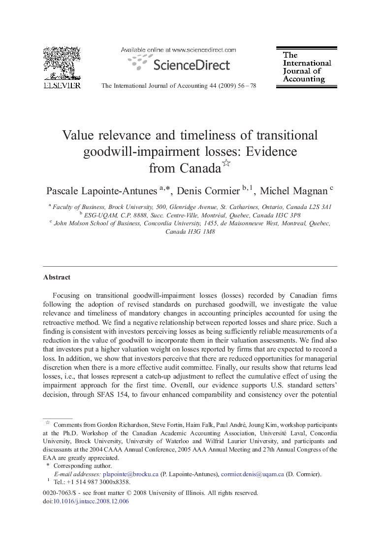 Value relevance and timeliness of transitional goodwill-impairment losses: Evidence from Canada 