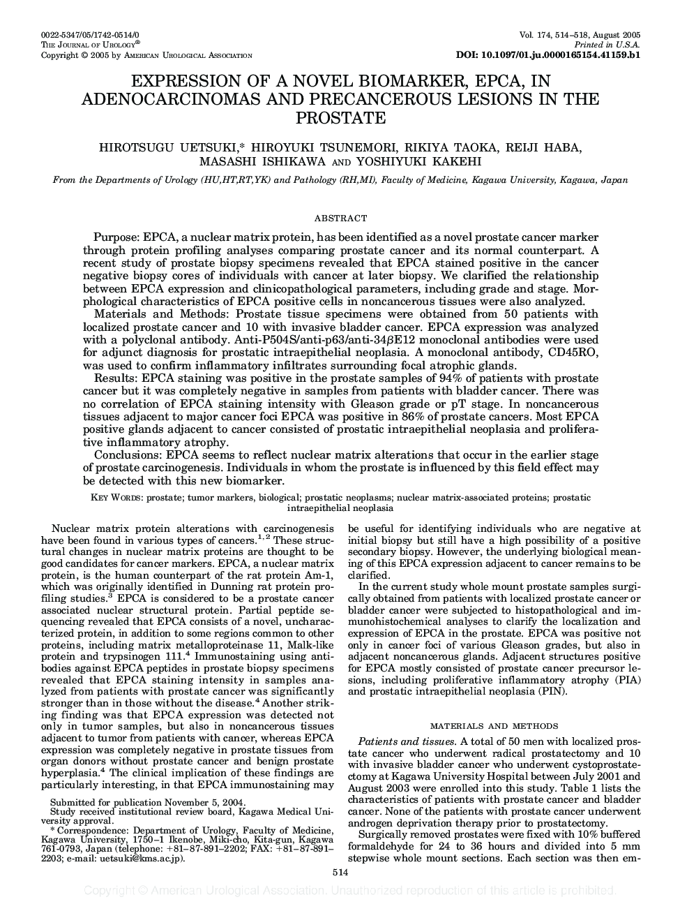 EXPRESSION OF A NOVEL BIOMARKER, EPCA, IN ADENOCARCINOMAS AND PRECANCEROUS LESIONS IN THE PROSTATE