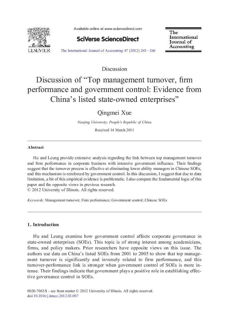 Discussion of “Top management turnover, firm performance and government control: Evidence from China's listed state-owned enterprises”