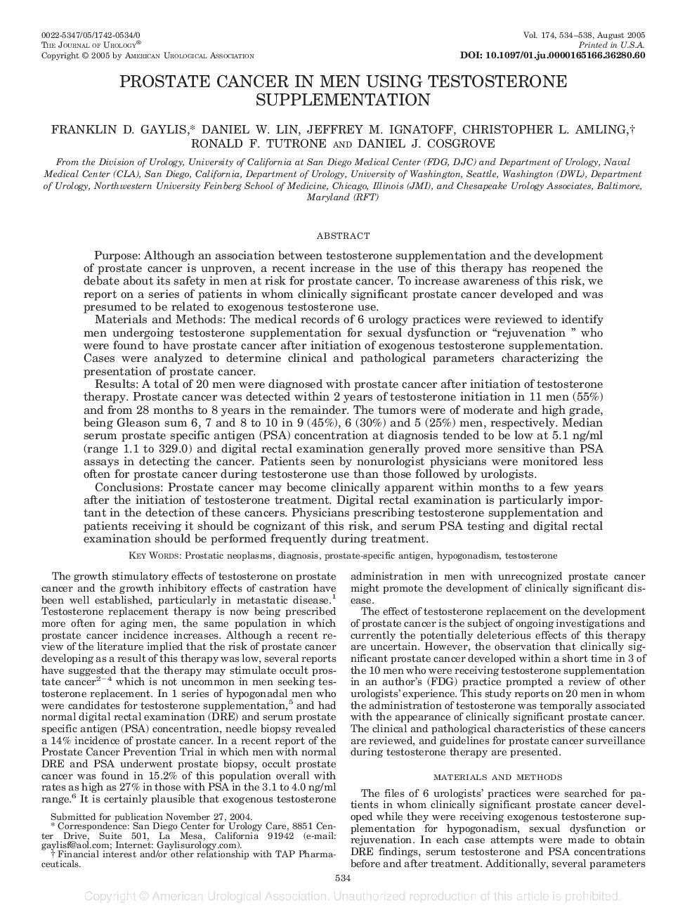 PROSTATE CANCER IN MEN USING TESTOSTERONE SUPPLEMENTATION