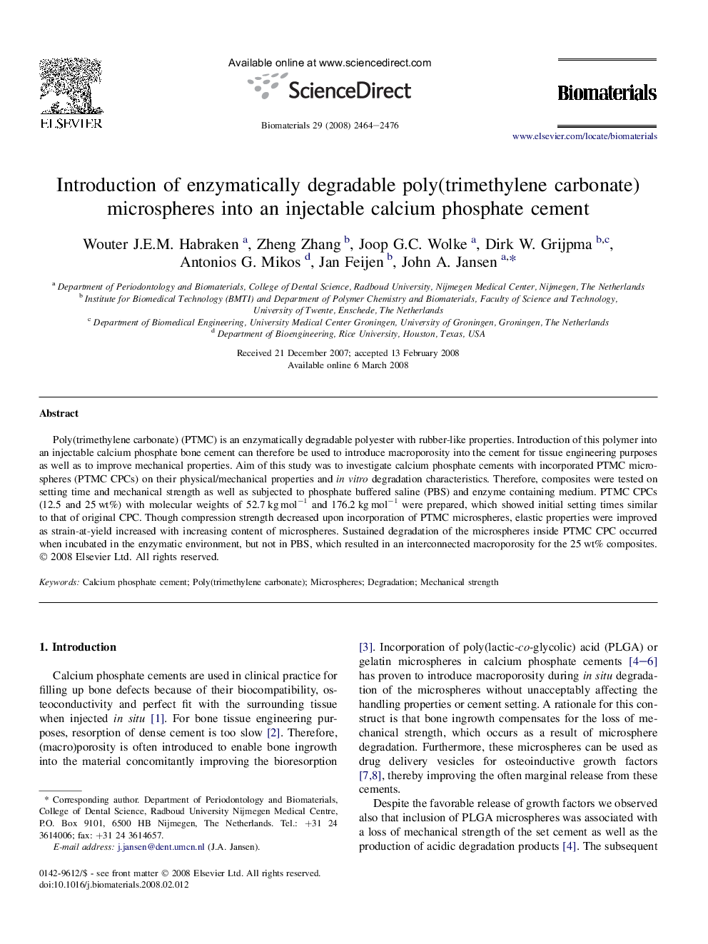 Introduction of enzymatically degradable poly(trimethylene carbonate) microspheres into an injectable calcium phosphate cement