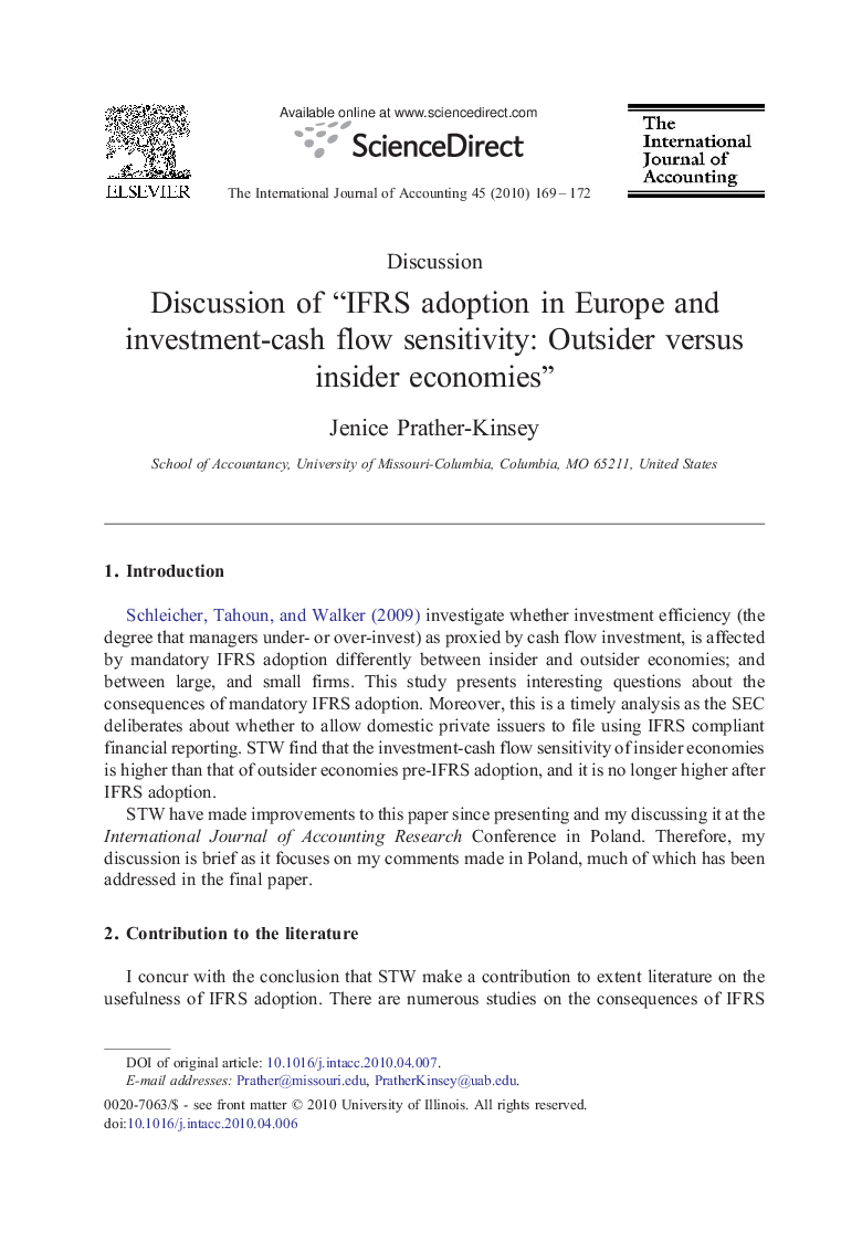 Discussion of “IFRS adoption in Europe and investment-cash flow sensitivity: Outsider versus insider economies”