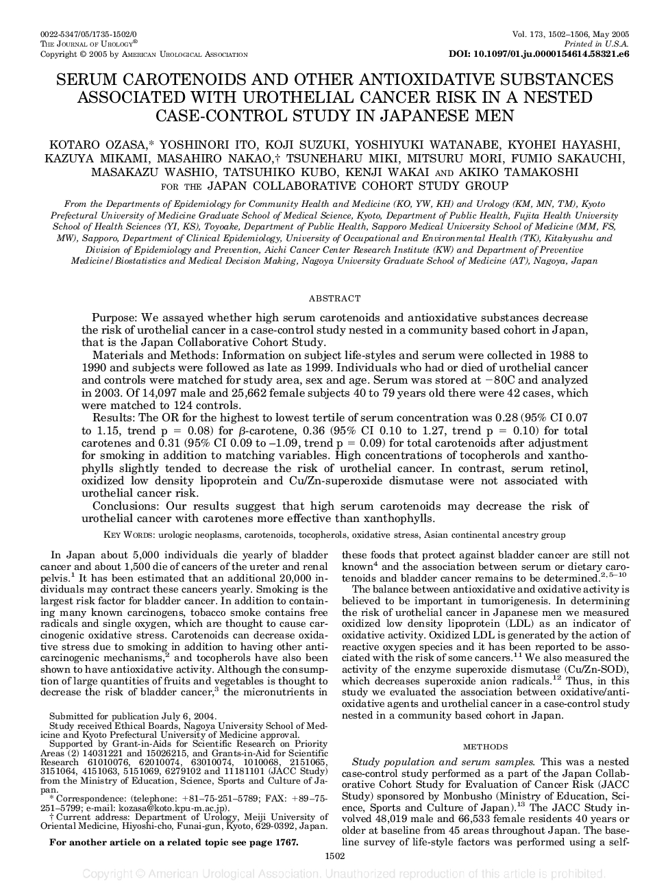 SERUM CAROTENOIDS AND OTHER ANTIOXIDATIVE SUBSTANCES ASSOCIATED WITH UROTHELIAL CANCER RISK IN A NESTED CASE-CONTROL STUDY IN JAPANESE MEN