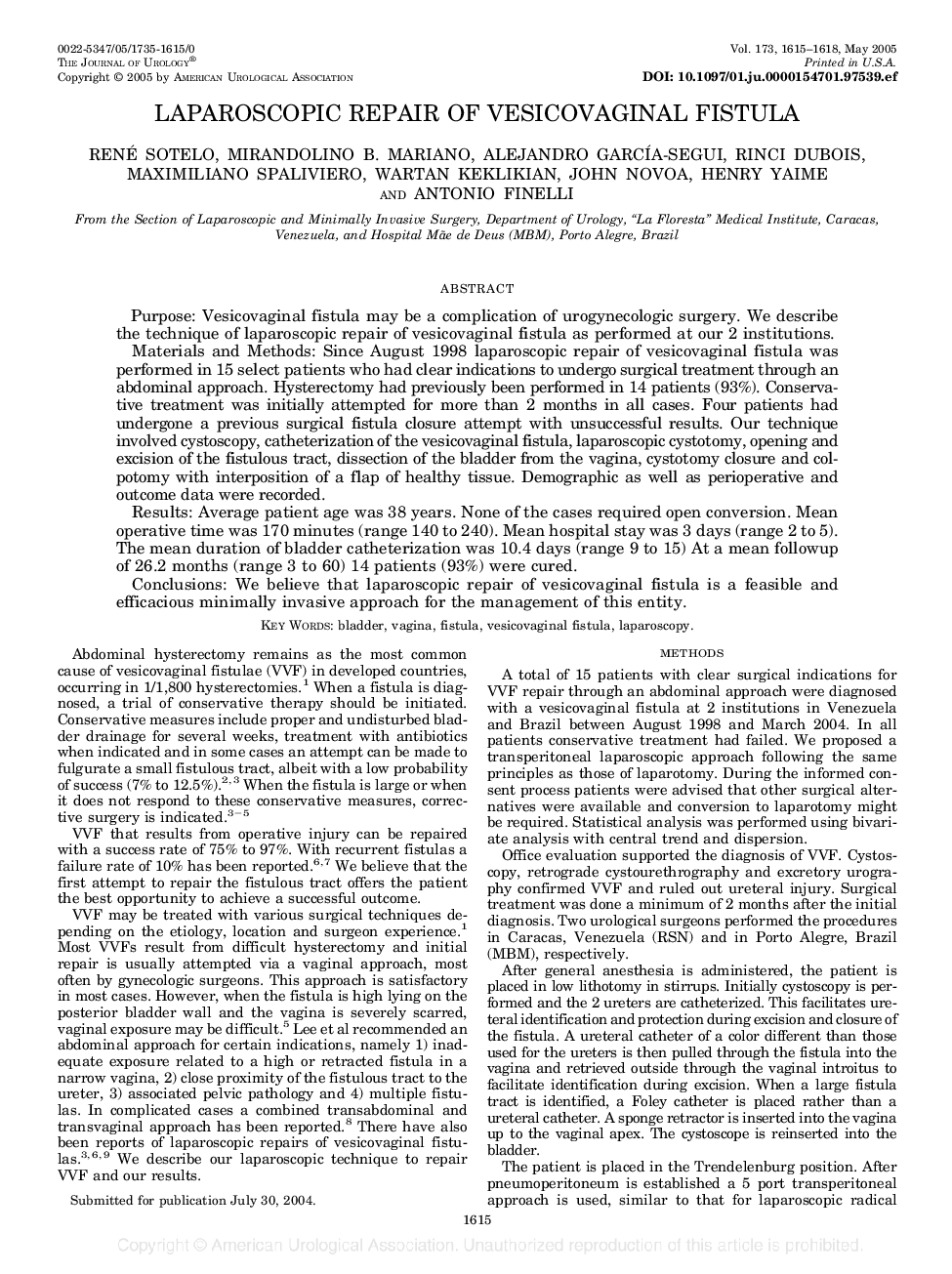 LAPAROSCOPIC REPAIR OF VESICOVAGINAL FISTULA