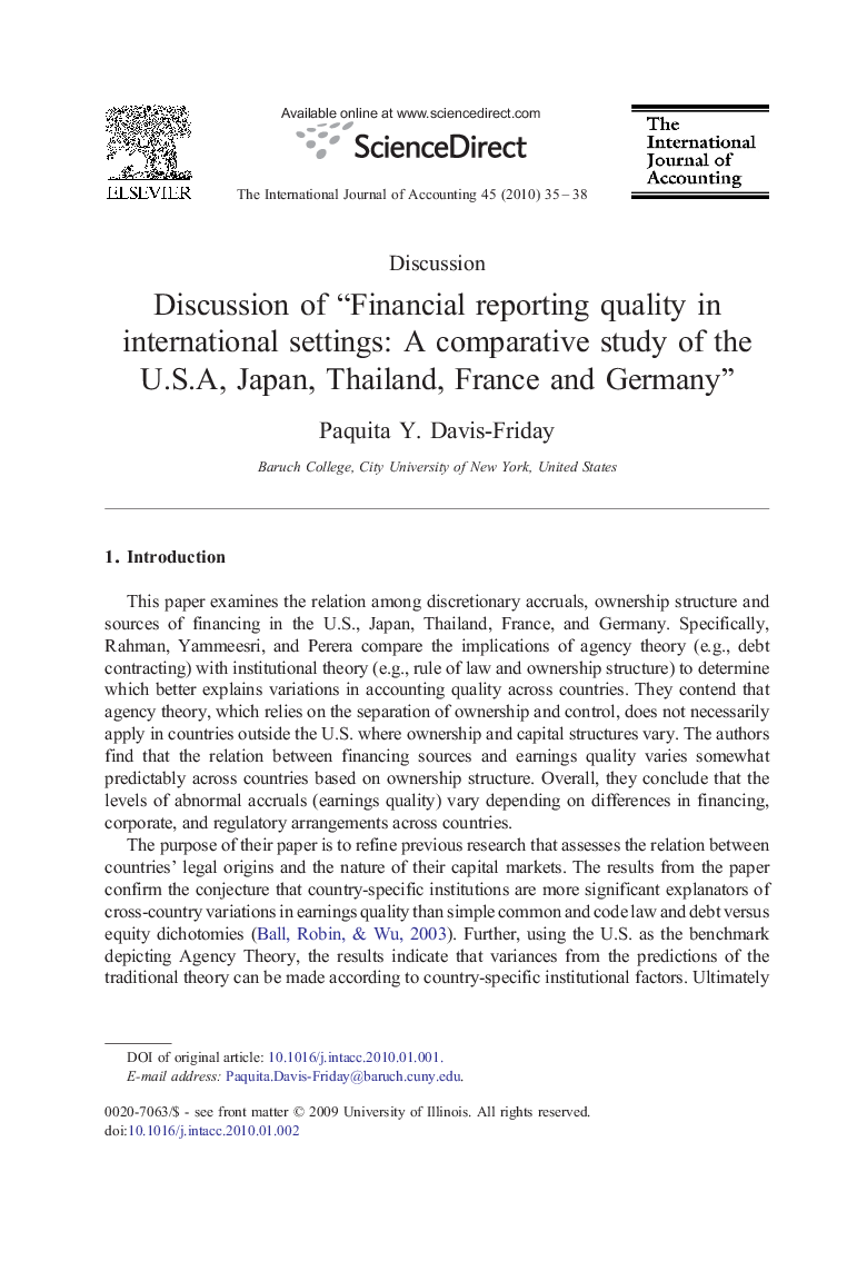 Discussion of “Financial reporting quality in international settings: A comparative study of the U.S.A, Japan, Thailand, France and Germany”