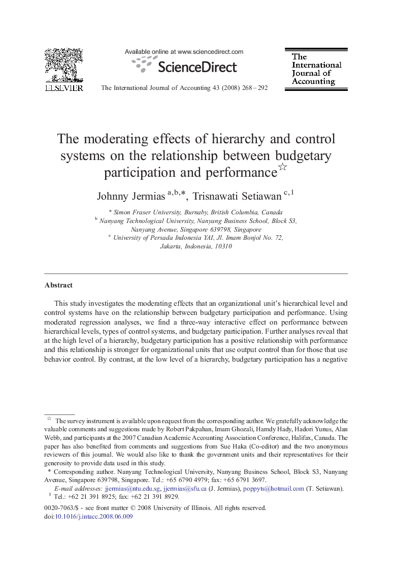 The moderating effects of hierarchy and control systems on the relationship between budgetary participation and performance 