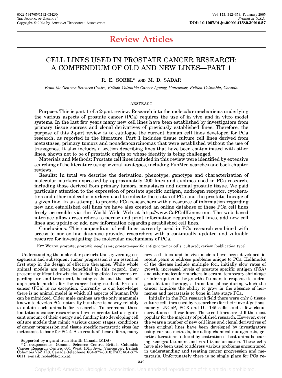 CELL LINES USED IN PROSTATE CANCER RESEARCH: A COMPENDIUM OF OLD AND NEW LINES-PART 1