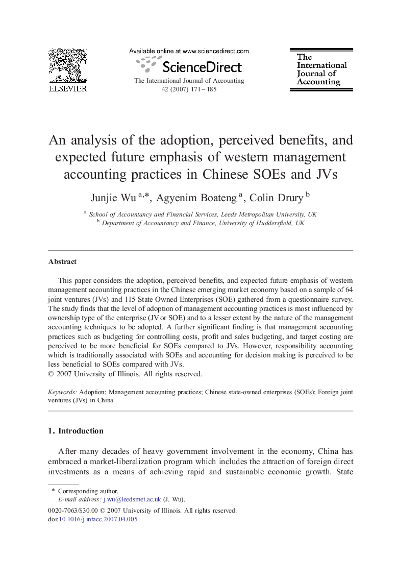 An analysis of the adoption, perceived benefits, and expected future emphasis of western management accounting practices in Chinese SOEs and JVs