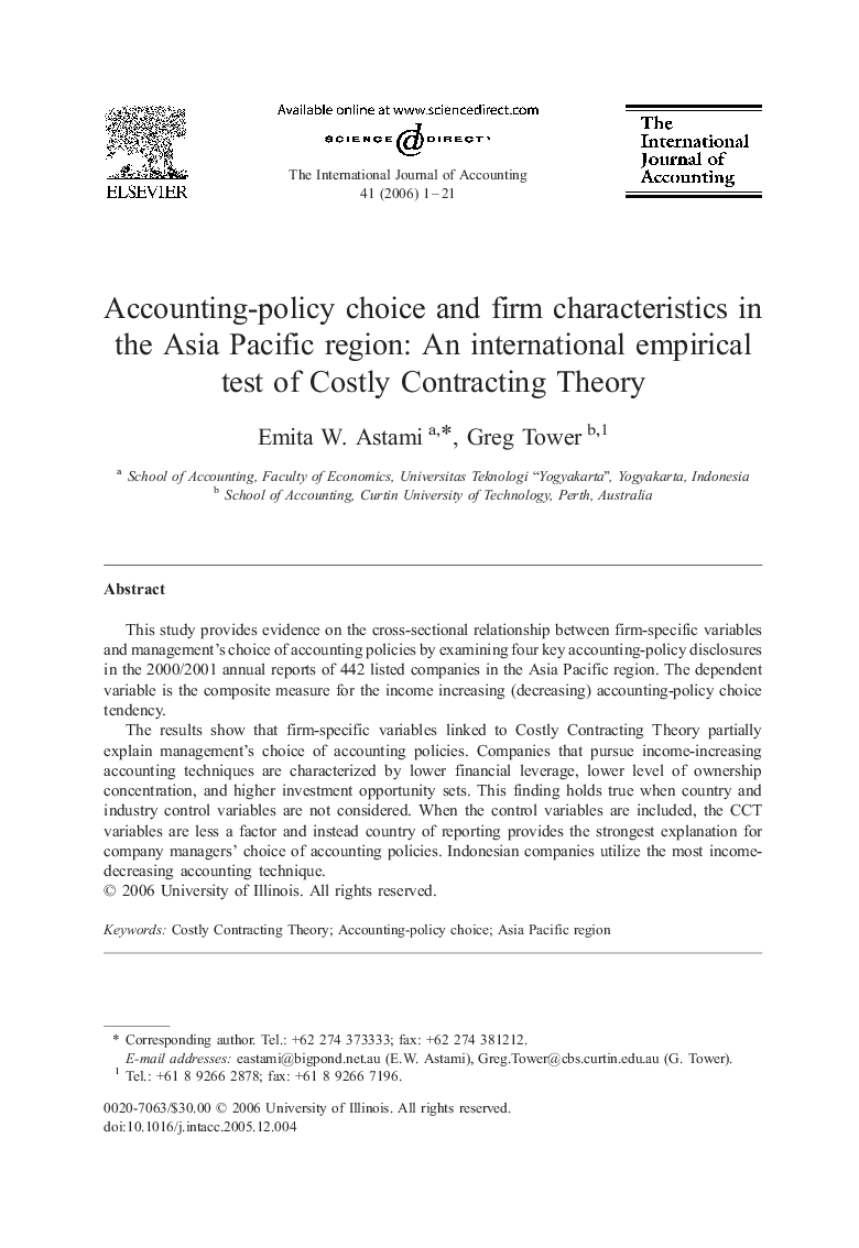 Accounting-policy choice and firm characteristics in the Asia Pacific region: An international empirical test of Costly Contracting Theory