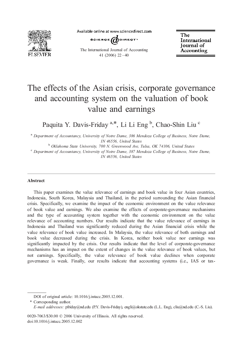 The effects of the Asian crisis, corporate governance and accounting system on the valuation of book value and earnings