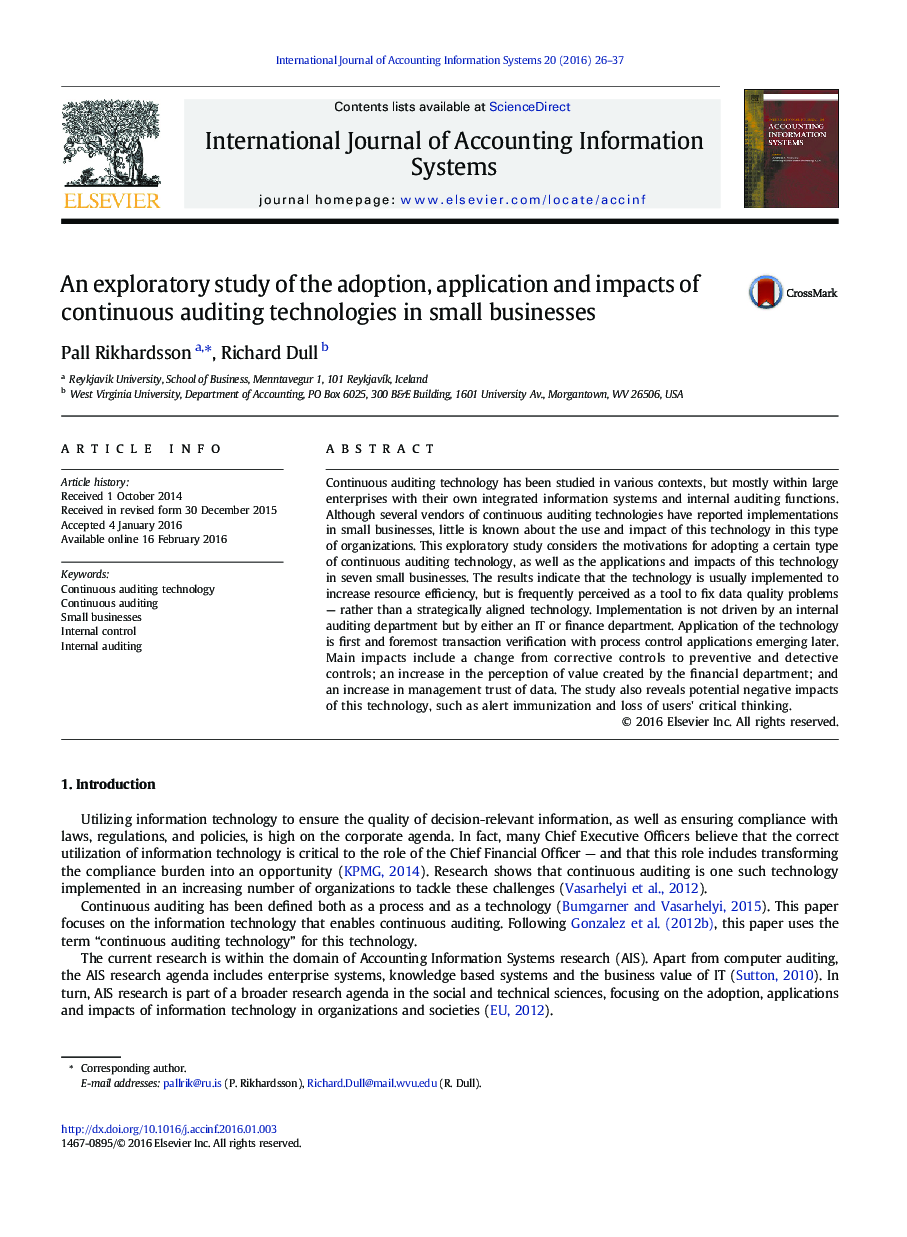 An exploratory study of the adoption, application and impacts of continuous auditing technologies in small businesses