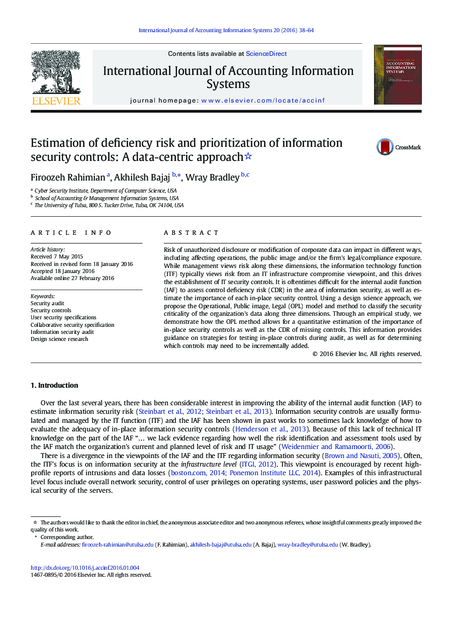 Estimation of deficiency risk and prioritization of information security controls: A data-centric approach 