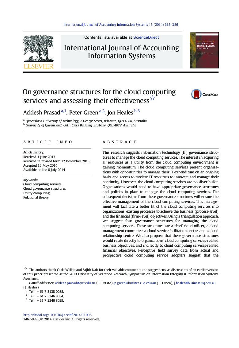 On governance structures for the cloud computing services and assessing their effectiveness 