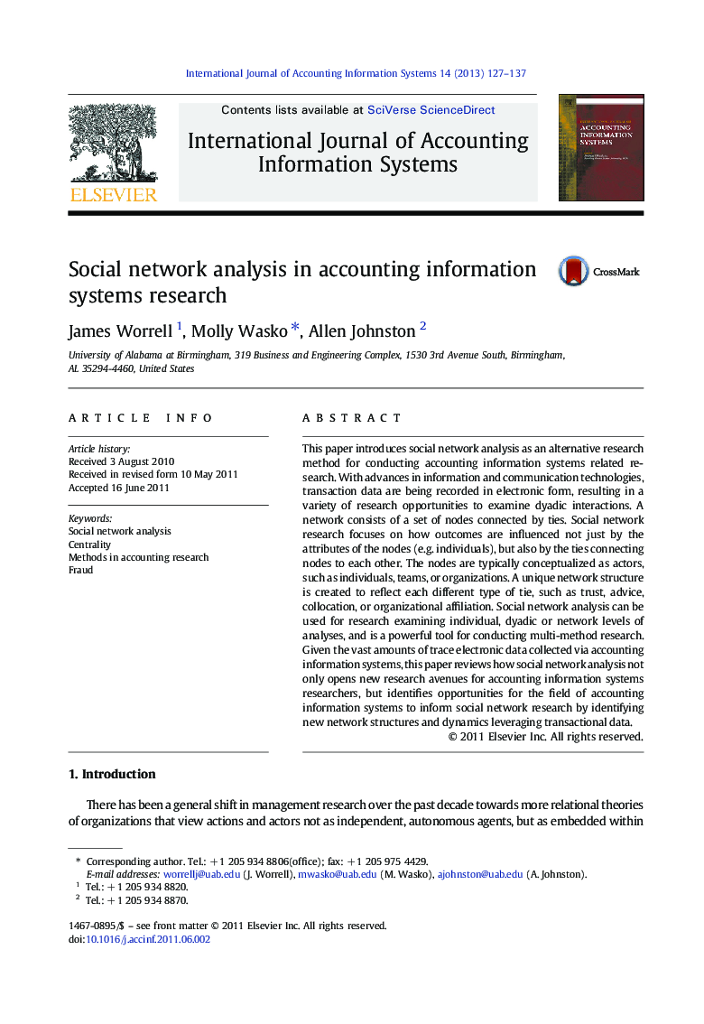 Social network analysis in accounting information systems research