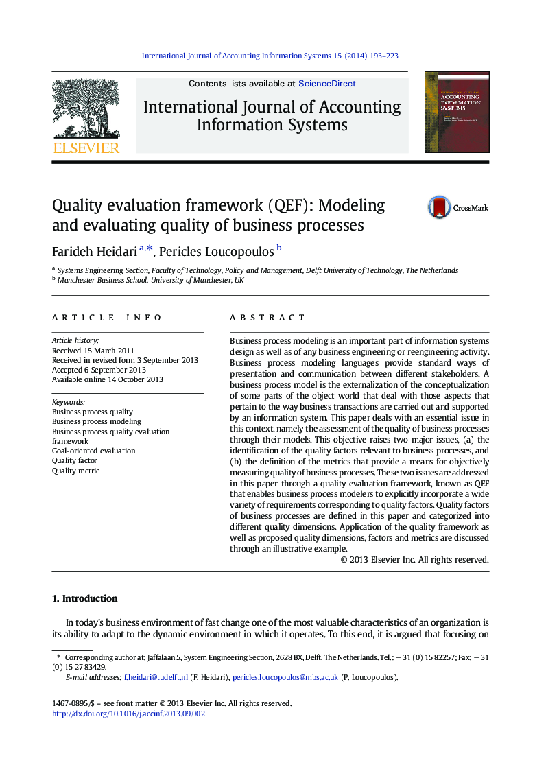 Quality evaluation framework (QEF): Modeling and evaluating quality of business processes