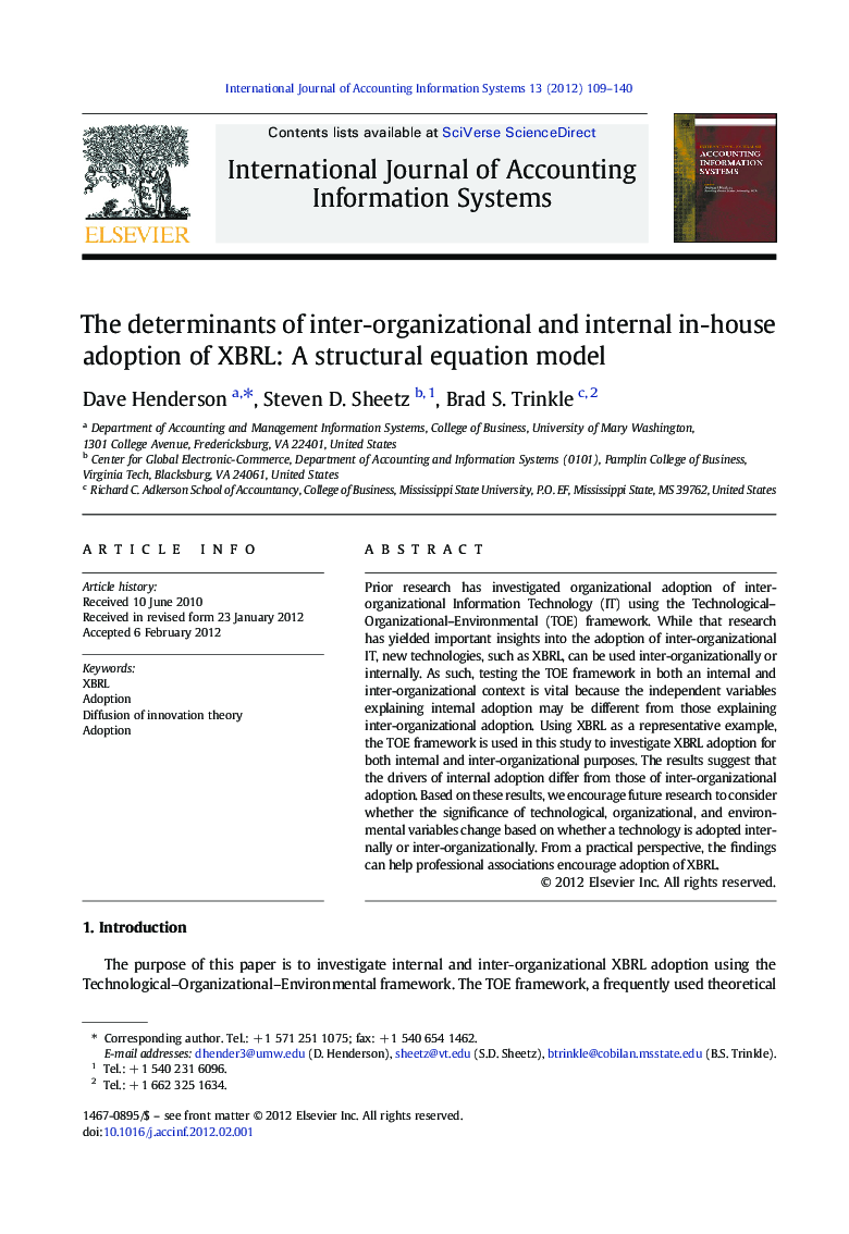 The determinants of inter-organizational and internal in-house adoption of XBRL: A structural equation model