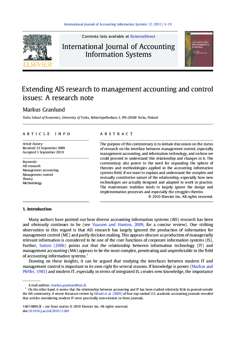 Extending AIS research to management accounting and control issues: A research note