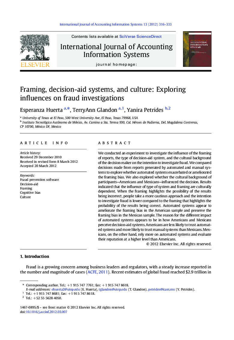 Framing, decision-aid systems, and culture: Exploring influences on fraud investigations