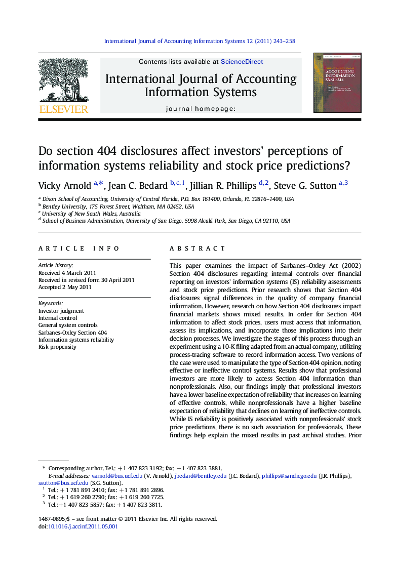 Do section 404 disclosures affect investors' perceptions of information systems reliability and stock price predictions?