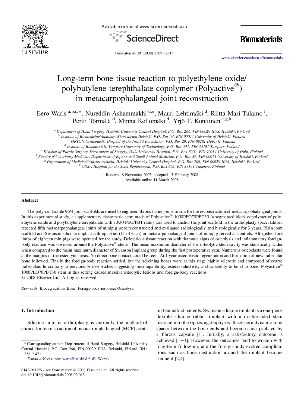 Long-term bone tissue reaction to polyethylene oxide/polybutylene terephthalate copolymer (Polyactive®) in metacarpophalangeal joint reconstruction