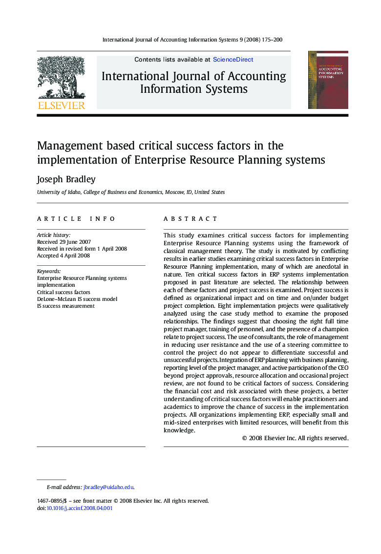 Management based critical success factors in the implementation of Enterprise Resource Planning systems