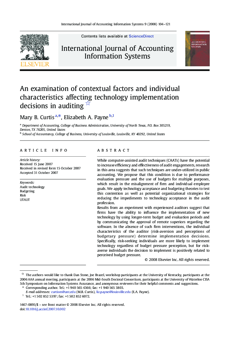 An examination of contextual factors and individual characteristics affecting technology implementation decisions in auditing 