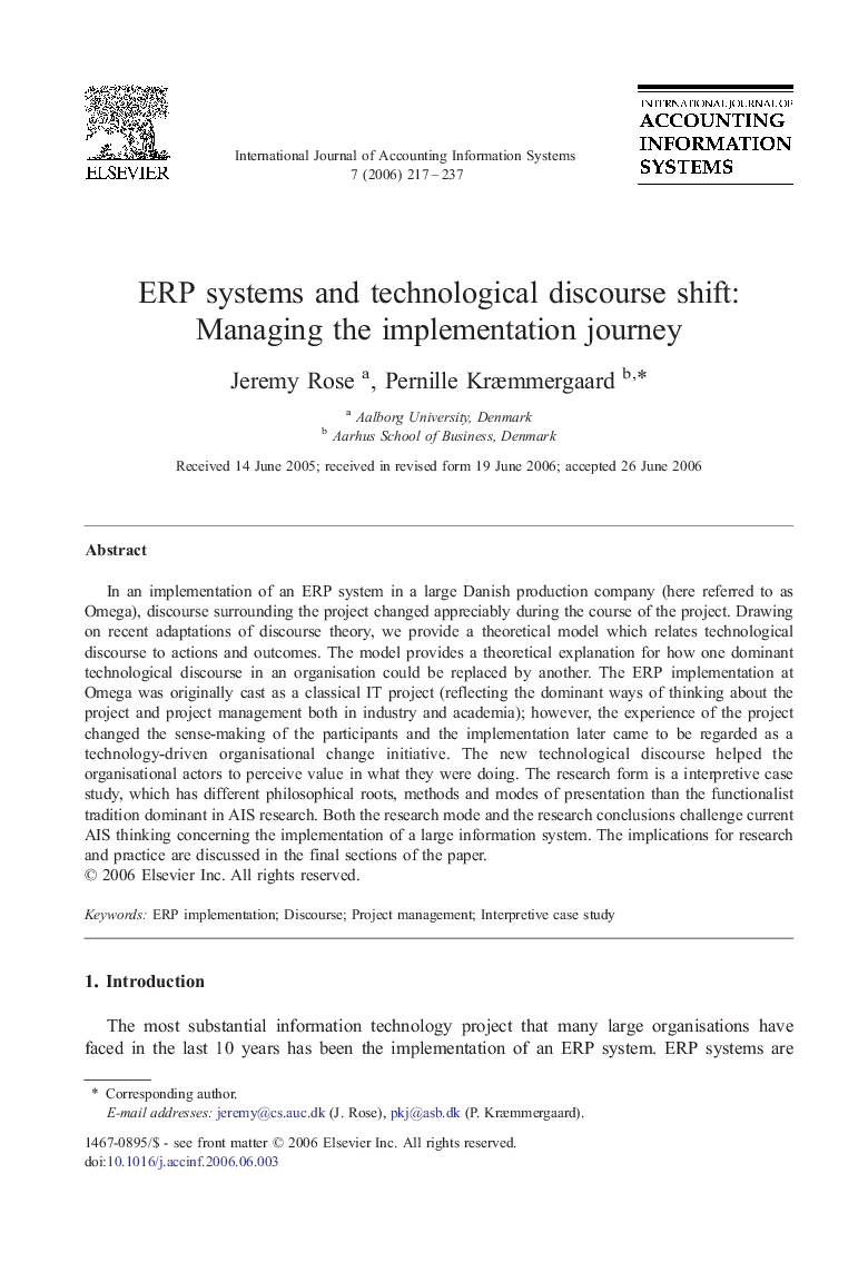 ERP systems and technological discourse shift: Managing the implementation journey