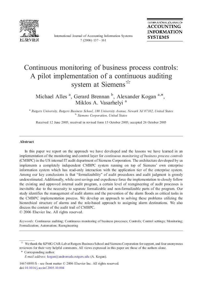 Continuous monitoring of business process controls: A pilot implementation of a continuous auditing system at Siemens 