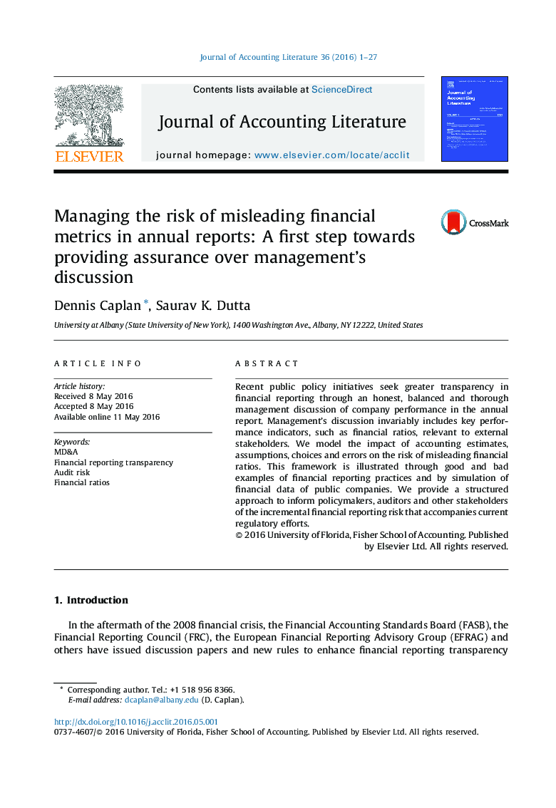 Managing the risk of misleading financial metrics in annual reports: A first step towards providing assurance over management's discussion