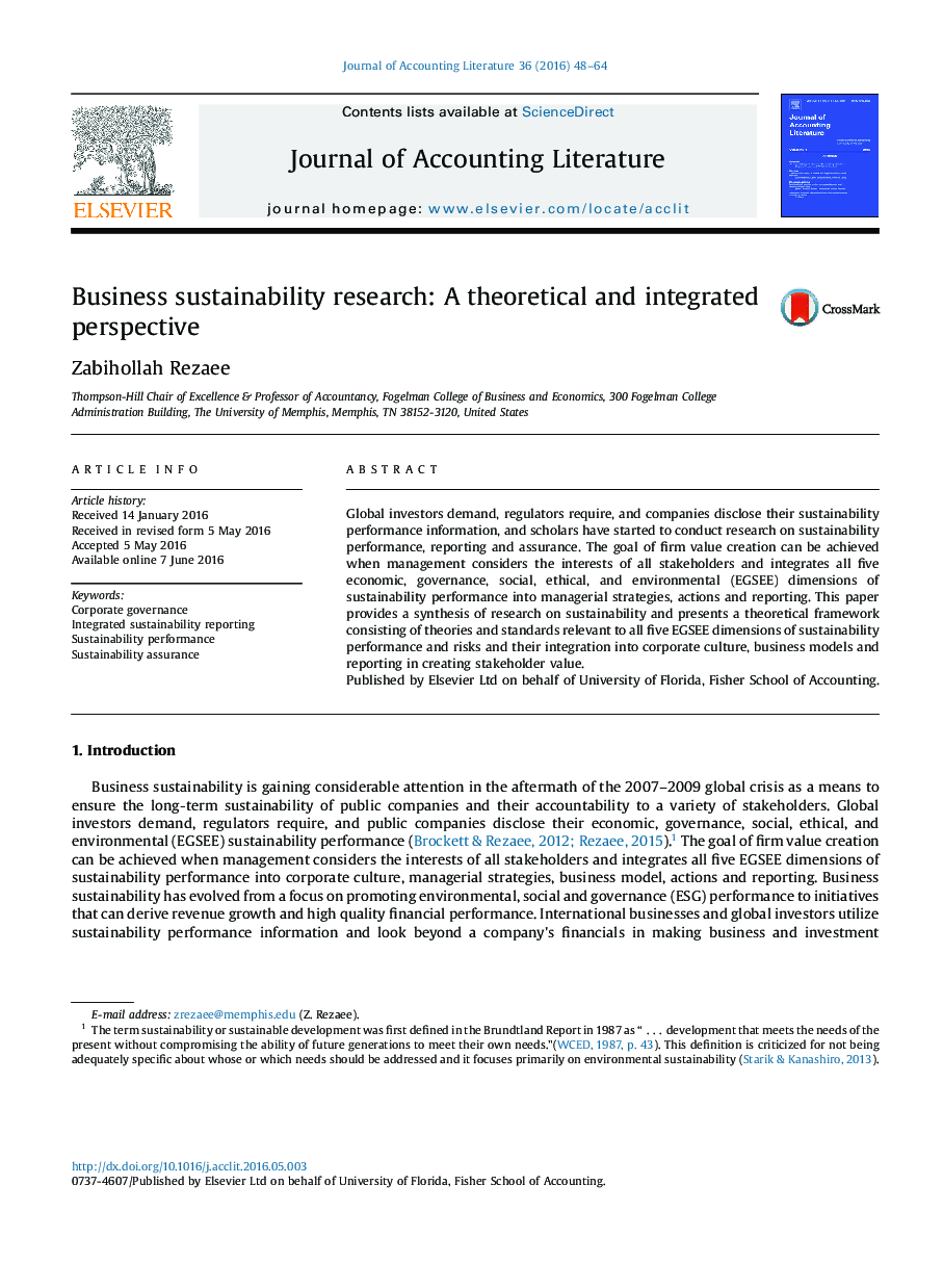 Business sustainability research: A theoretical and integrated perspective