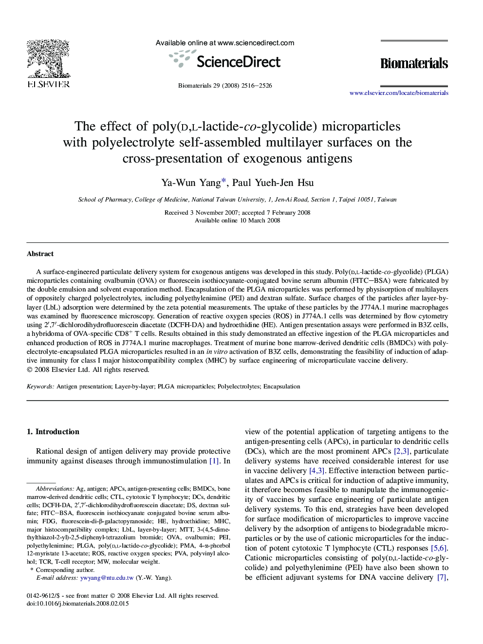 The effect of poly(d,l-lactide-co-glycolide) microparticles with polyelectrolyte self-assembled multilayer surfaces on the cross-presentation of exogenous antigens