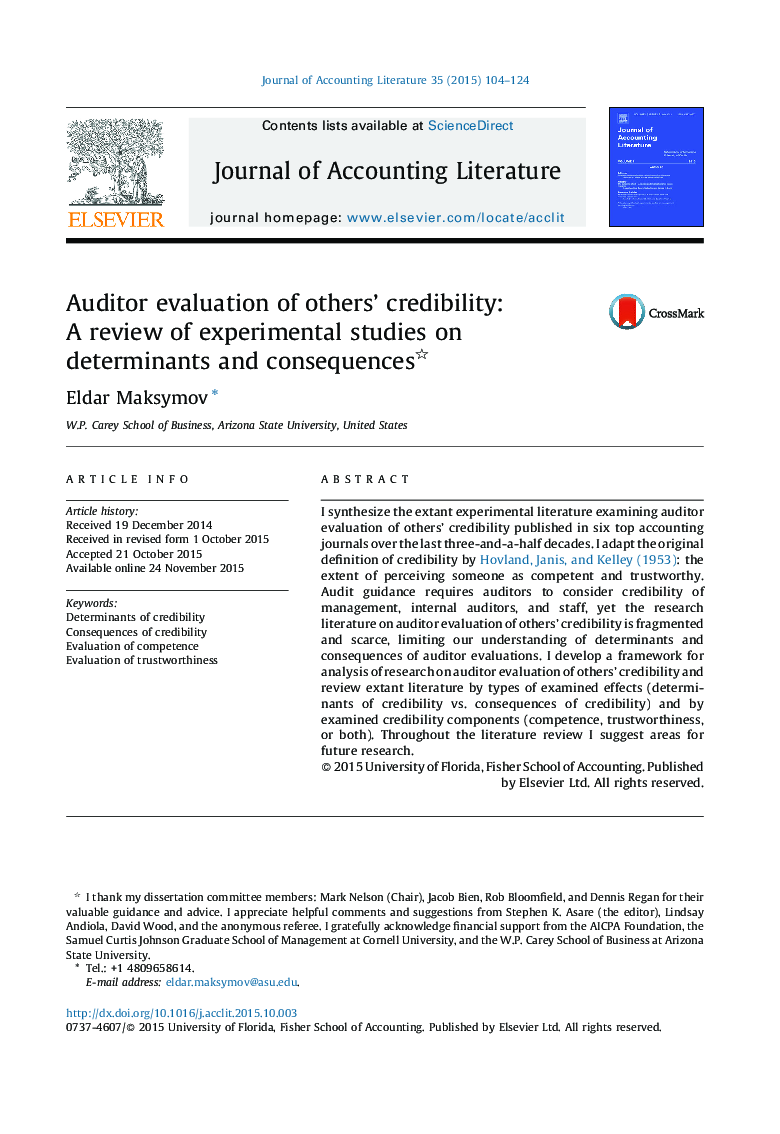 Auditor evaluation of others’ credibility: A review of experimental studies on determinants and consequences 