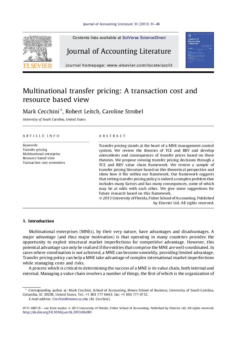 Multinational transfer pricing: A transaction cost and resource based view