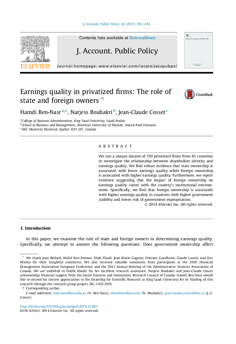 Earnings quality in privatized firms: The role of state and foreign owners 