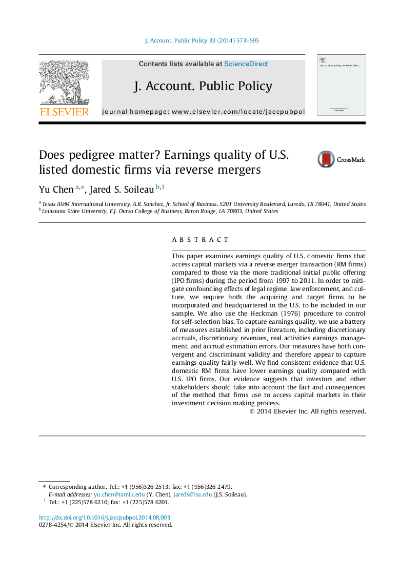 Does pedigree matter? Earnings quality of U.S. listed domestic firms via reverse mergers