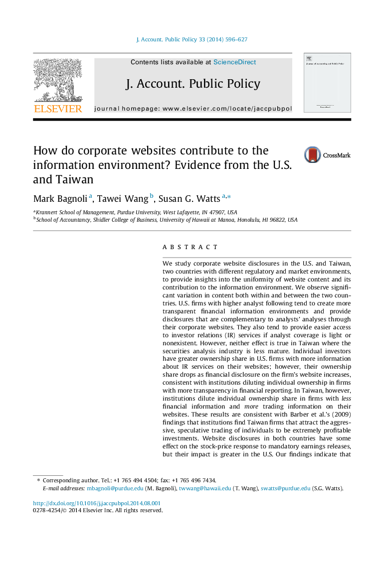 How do corporate websites contribute to the information environment? Evidence from the U.S. and Taiwan
