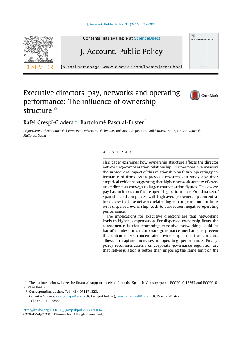 Executive directors’ pay, networks and operating performance: The influence of ownership structure 