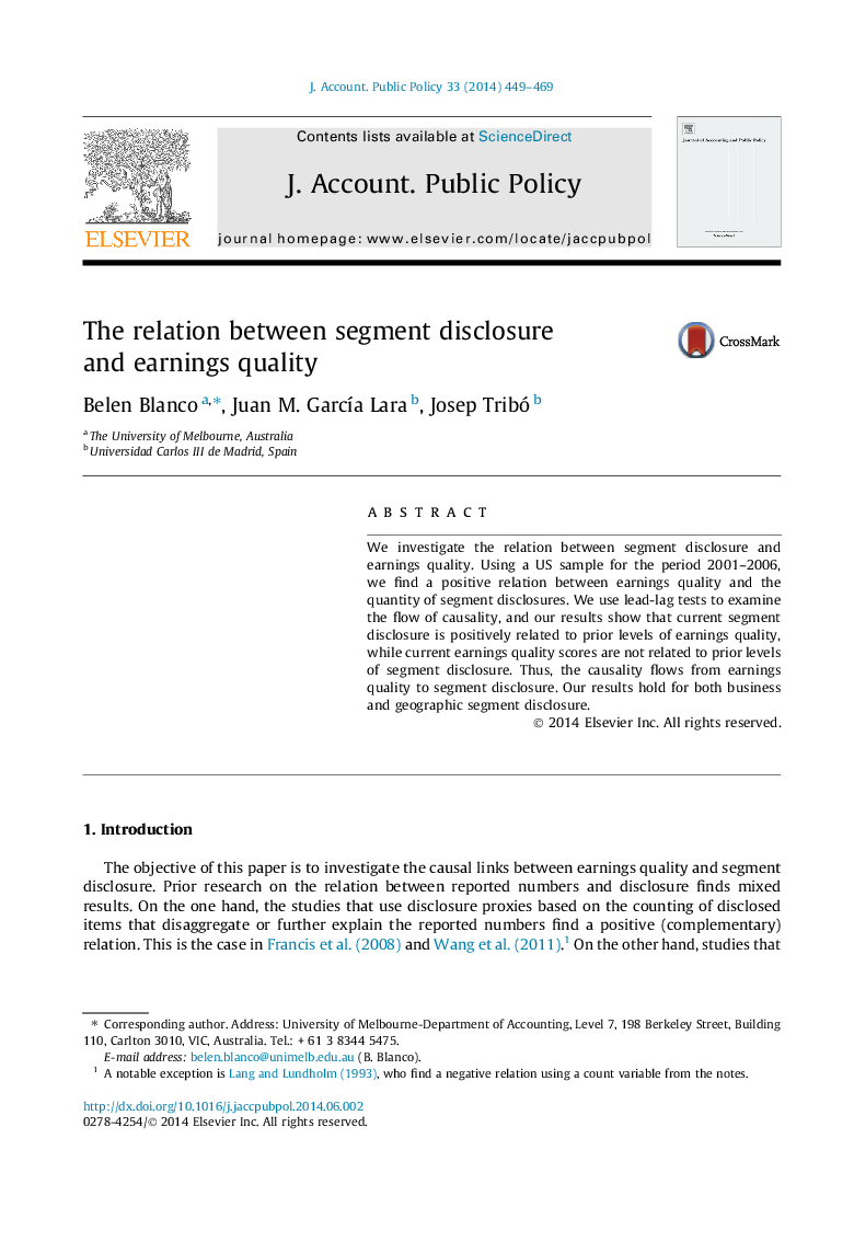 The relation between segment disclosure and earnings quality