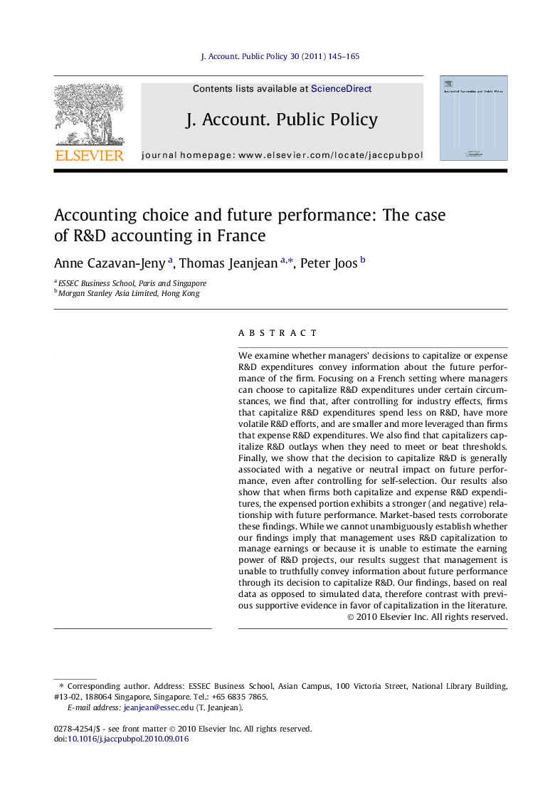 Accounting choice and future performance: The case of R&D accounting in France