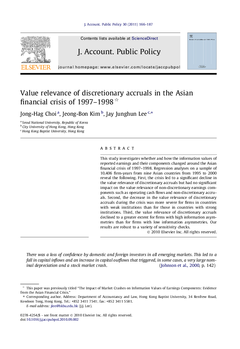 عکس صفحه اول مقاله: Value relevance of discretionary accruals in the Asian financial crisis of 1997–1998 Value relevance of discretionary accruals in the Asian financial crisis of 1997–1998