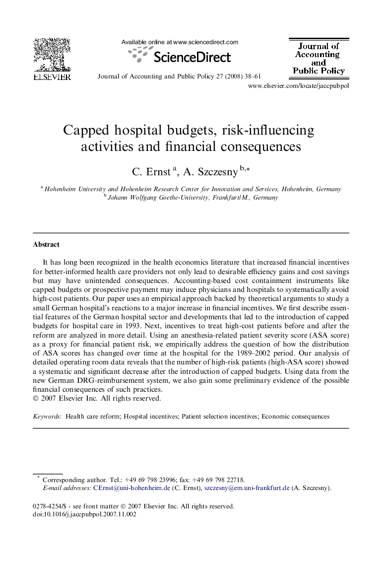 Capped hospital budgets, risk-influencing activities and financial consequences