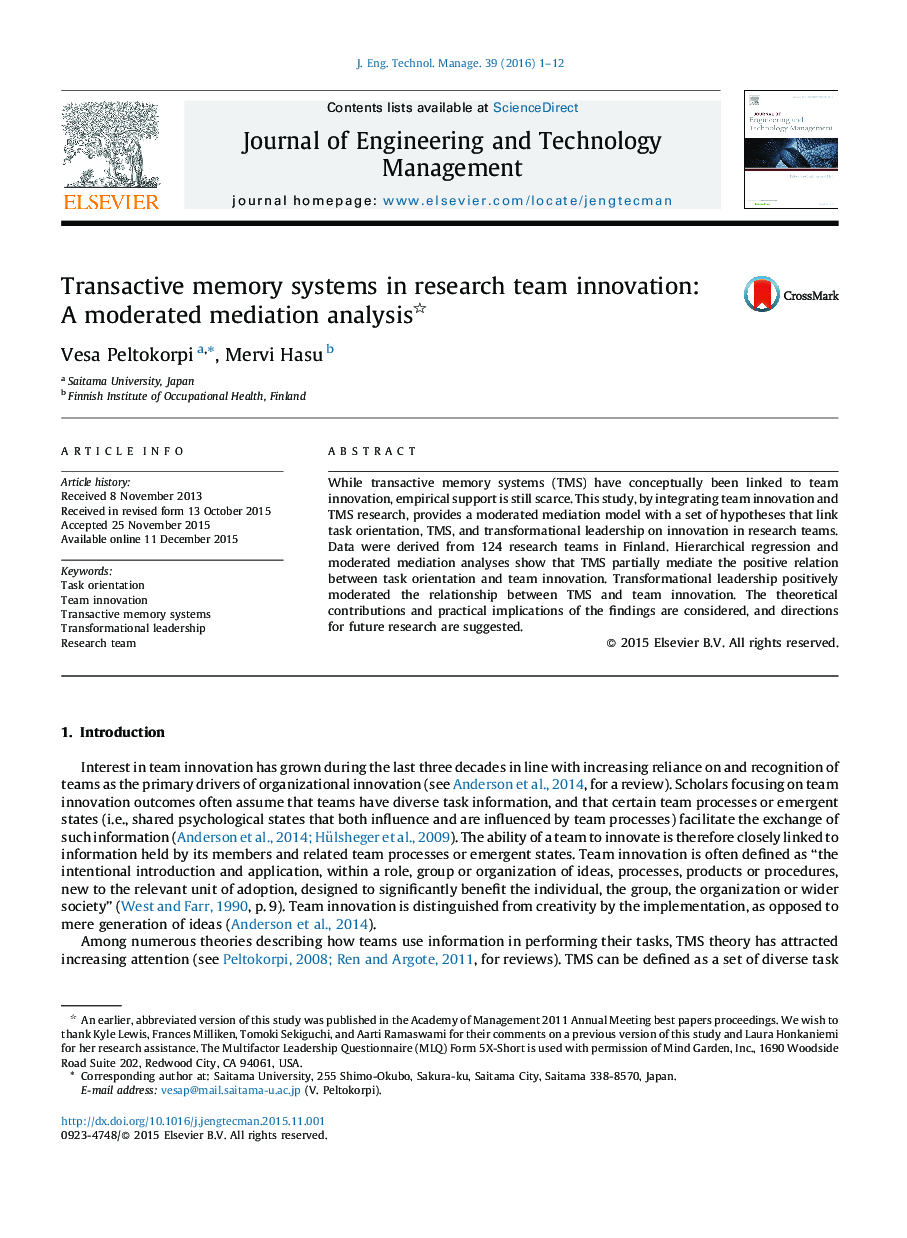 Transactive memory systems in research team innovation: A moderated mediation analysis 