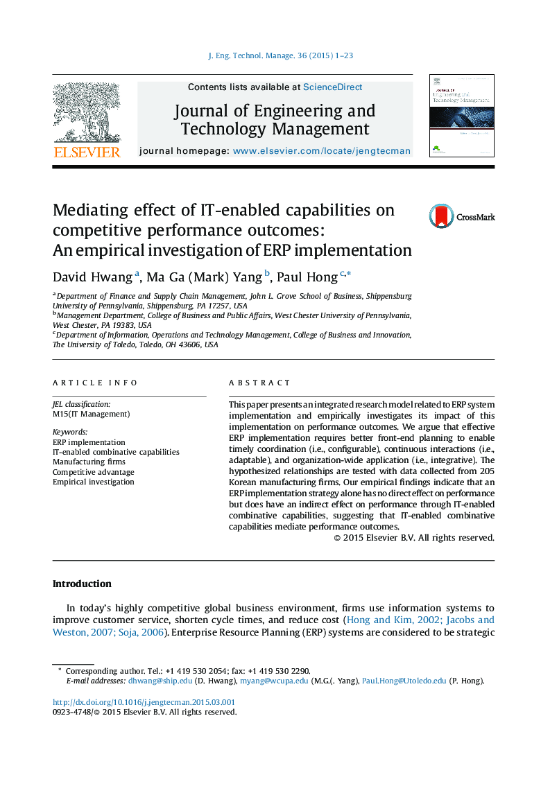 Mediating effect of IT-enabled capabilities on competitive performance outcomes: An empirical investigation of ERP implementation