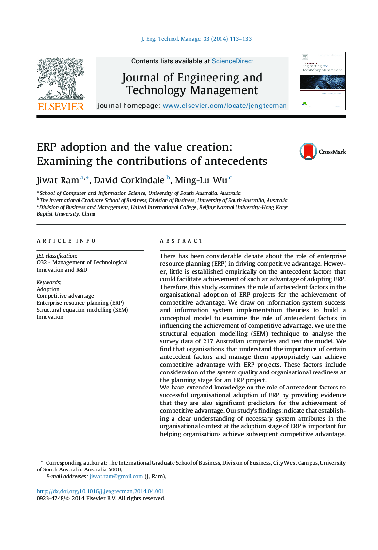 ERP adoption and the value creation: Examining the contributions of antecedents