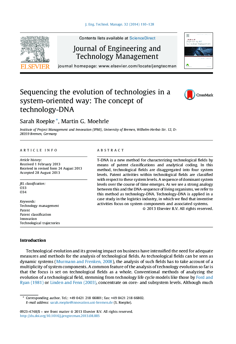 Sequencing the evolution of technologies in a system-oriented way: The concept of technology-DNA