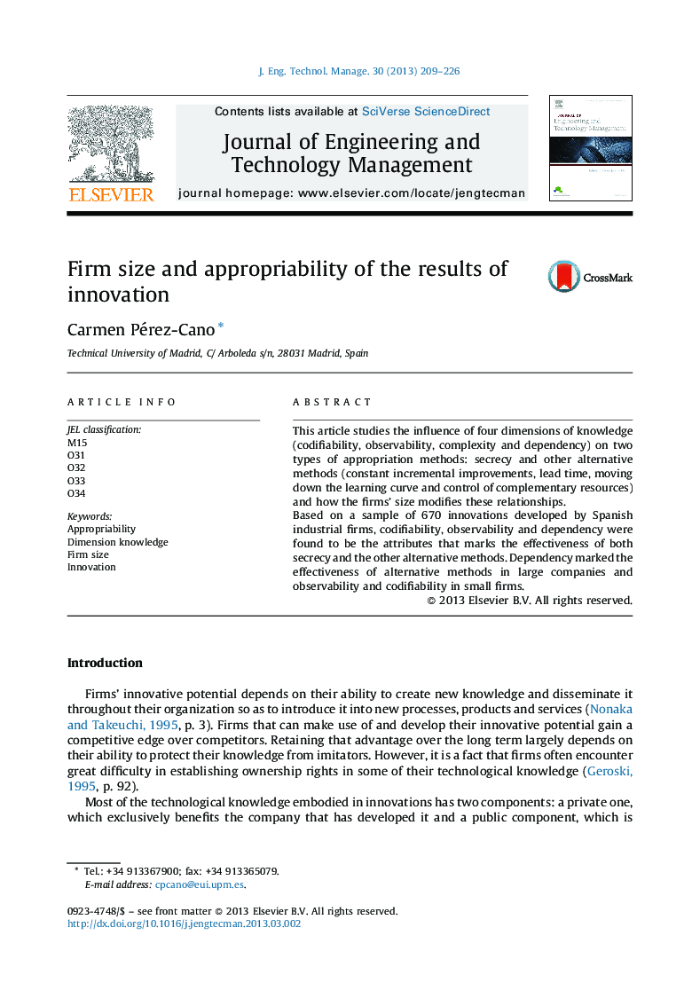 Firm size and appropriability of the results of innovation