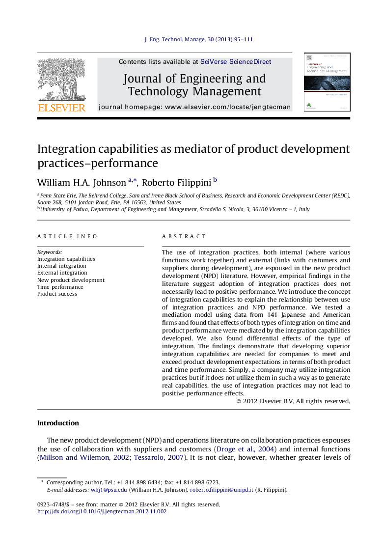 Integration capabilities as mediator of product development practices–performance