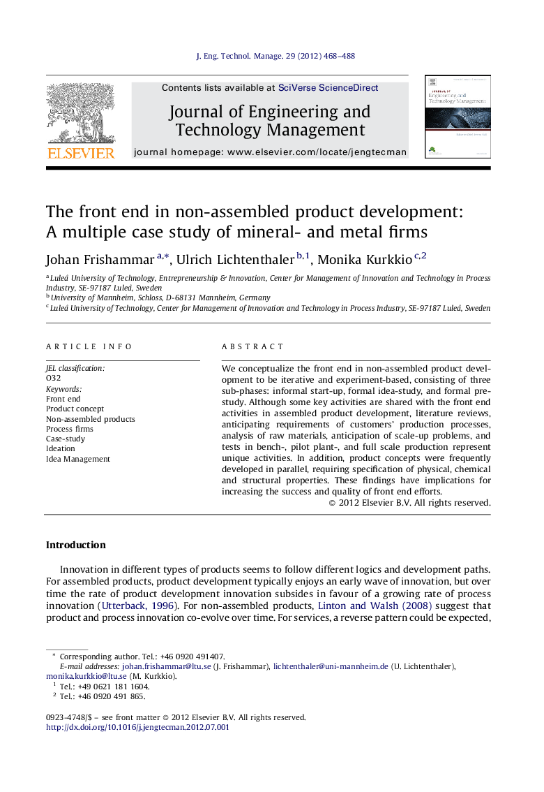 The front end in non-assembled product development: A multiple case study of mineral- and metal firms